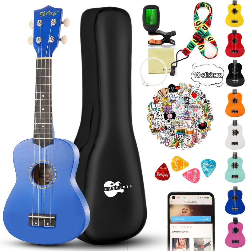 Everjoys Soprano Ukulele Beginner Kit for Adult Student w/Free Online Lesson 21 Inch Ukelele Gig Bag Strap String Tuner Pick Polishing Cloth, Rainbow Series Ukalalee - Image 1